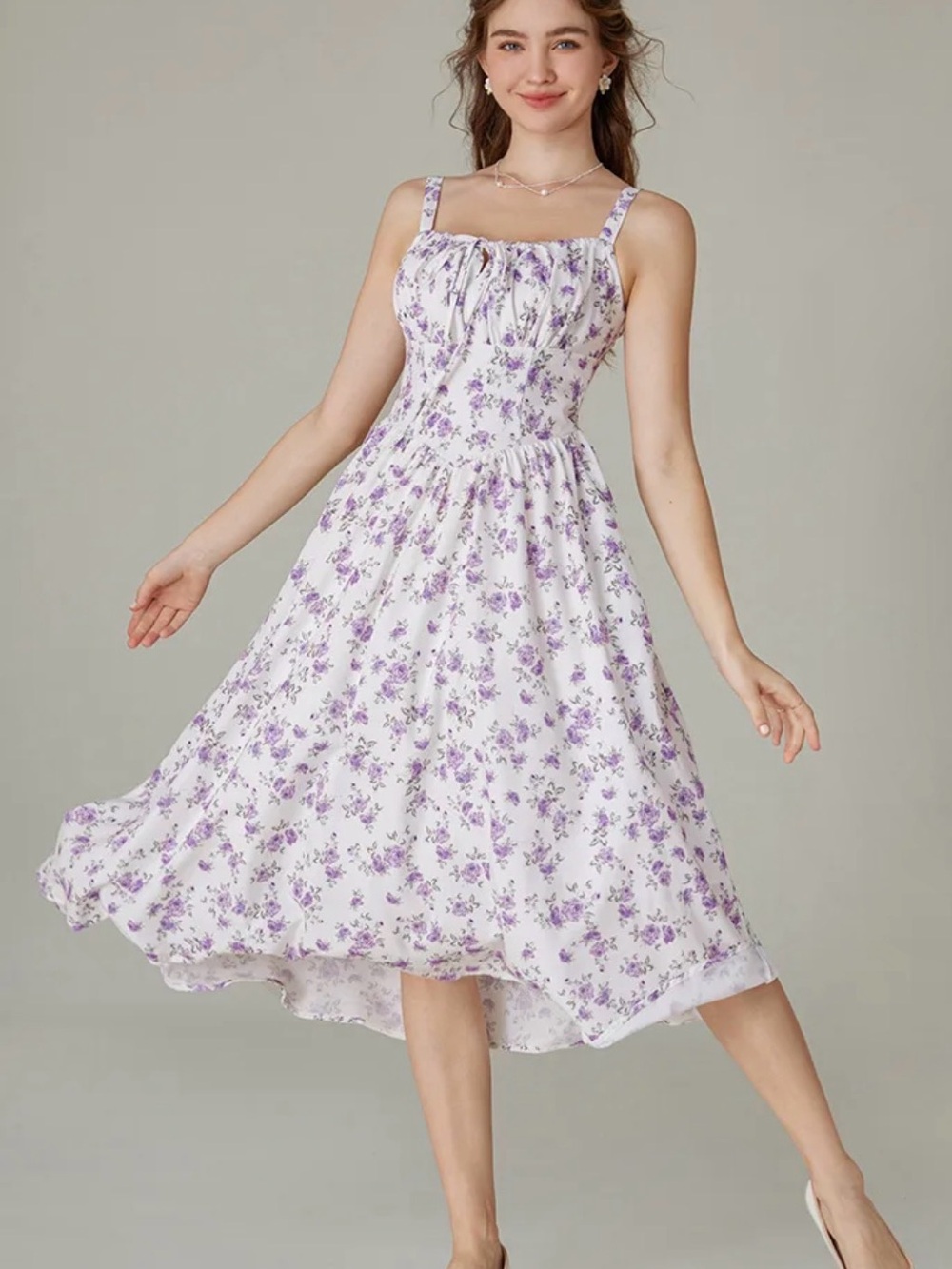 White Midi Dress with Lavender Floral Print